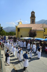 France, Haute Corse, Niolu (Niolo) region, Casamaccioli, la Santa di Niolu religious festivity to celebrate the Nativity of the Virgin, procession of religious brotherhoods members