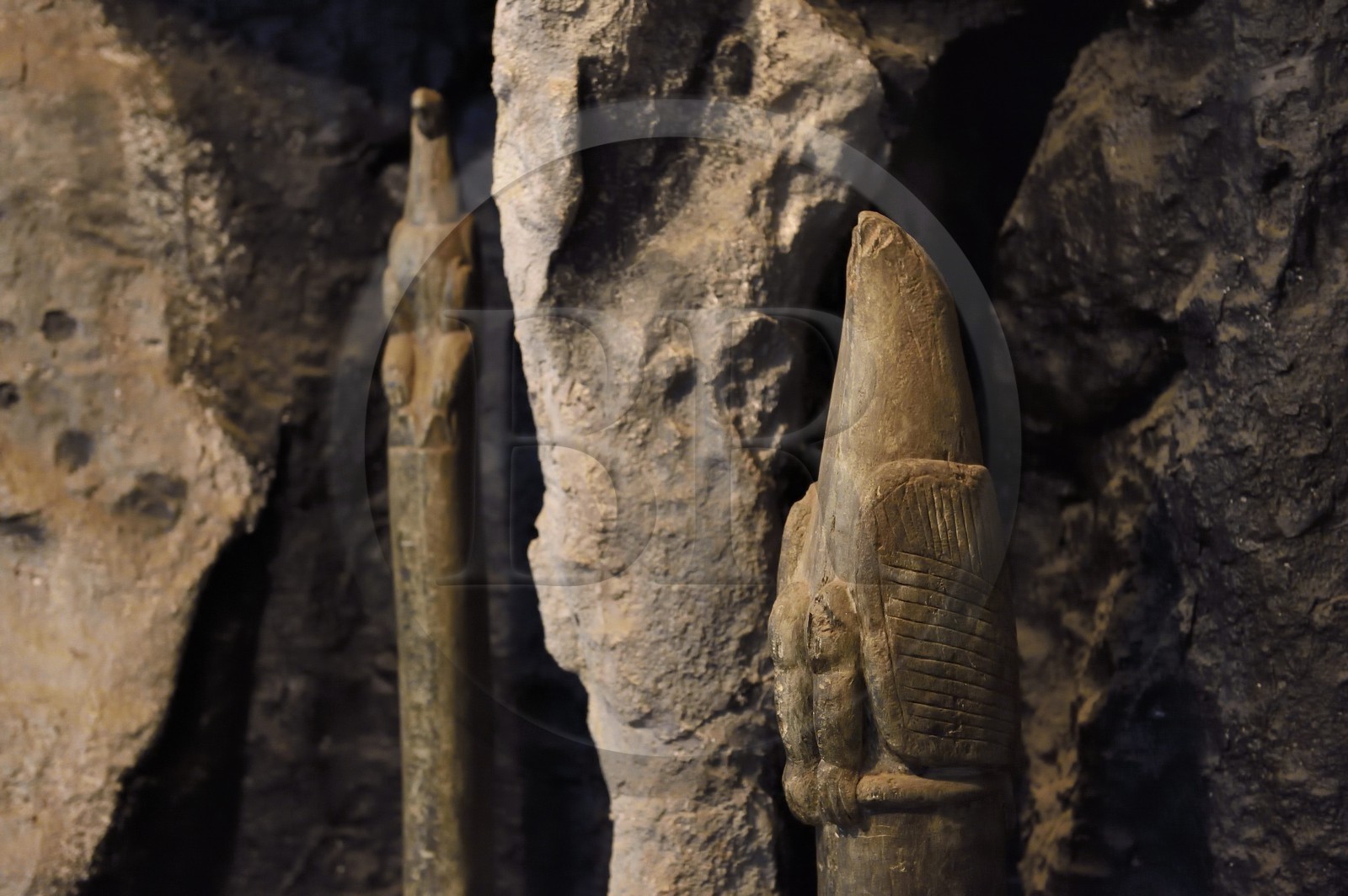 Zimbabwe, Masvingo province, the archaeological site of Great Zimbabwe museum, UNESCO World Heritage List, tall poles each surmounted by a soapstone bird performing a ritual function and found in the Hill Complex eastern enclosure