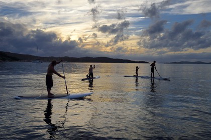 France, Var, Iles d'Hyeres, Parc National de Port Cros (National park of Port Cros), Porquerolles island, stand-up paddle off the Courtade beach guided by Alexandre Bernd