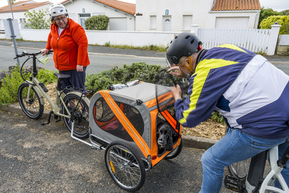 France, Vendée (85), La Tranche-sur-Mer, couple de cyclistes en goguette avec leur chien dans une remorque