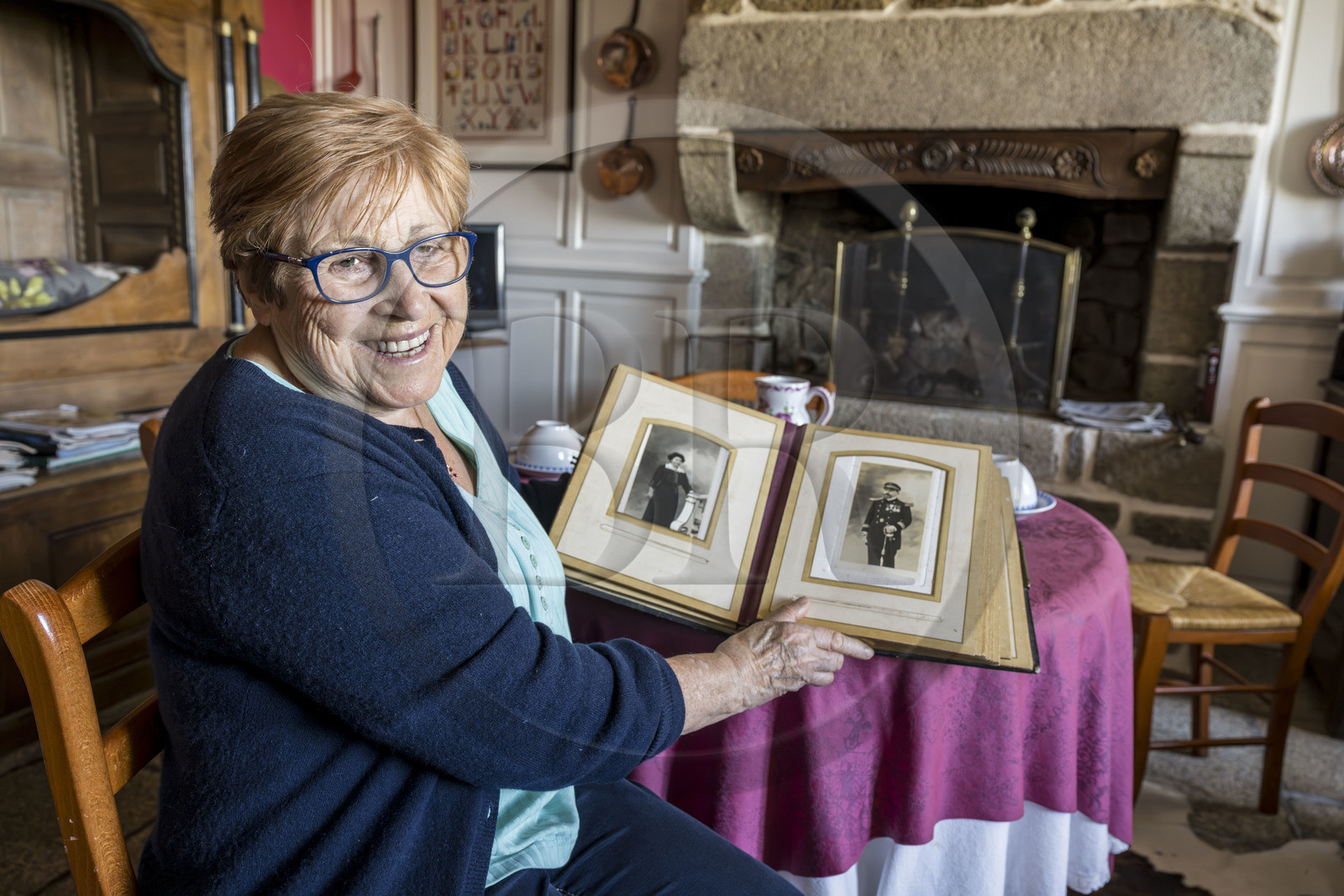 France, Finistère, Ponant Islands, Ile de Batz (Batz Island), Marie-Pierre Prigent’s Bed and Breakfast in the Bourg, Marie Pierre Prigent presents her grandfather, Doctor Glérant, a doctor in the military navy, who accompanied the cod boats