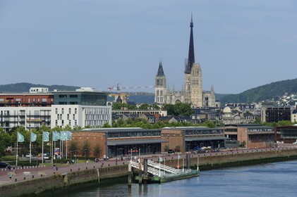 France, Seine Maritime, Rouen, the former docks on the Seine banks and Notre Dame cathedral