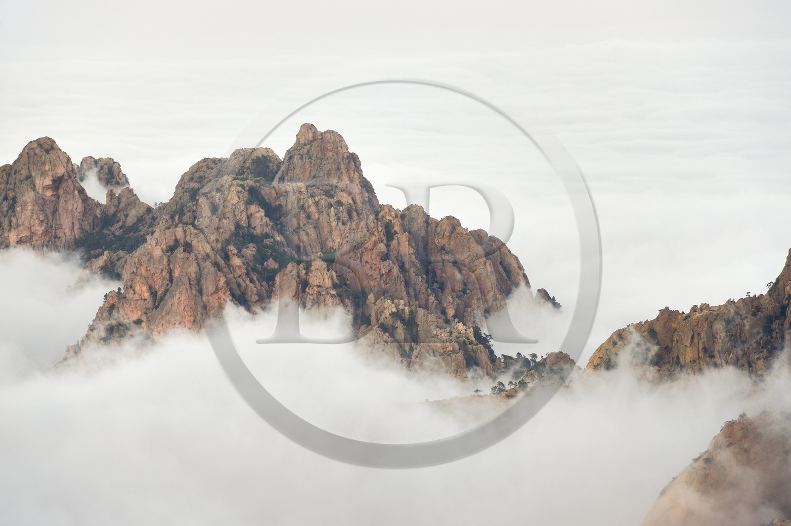 France, Corse-du-Sud (2A), Alta Rocca, sommets des monts à l'Est du col de Bavella émergeants des nuages
