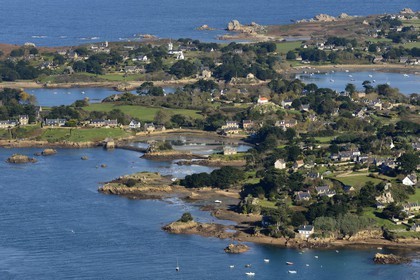 France, Cotes-d'Armor, Brehat island, the Saint Michel chapel overlooks the island and the Birlot tide mill (aerial view)