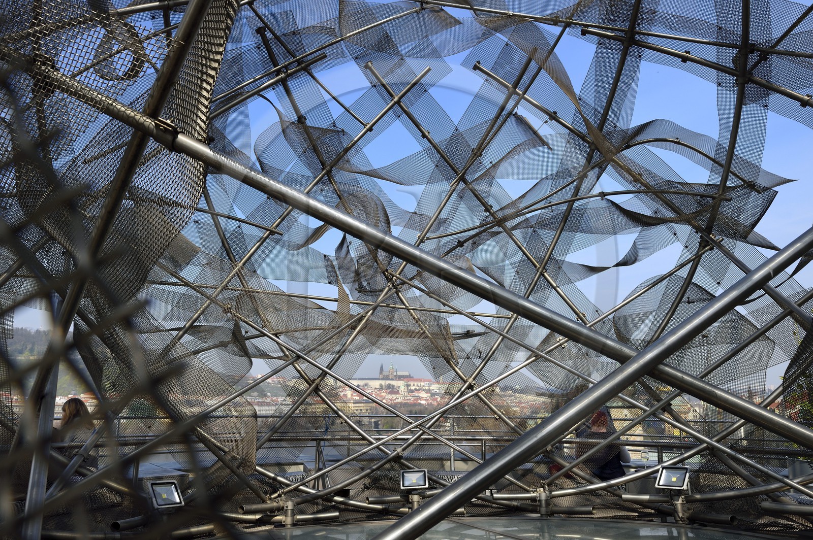 Czech Republic, Prague, Nove Mesto, roof terrace of the Dancing House also called Ginger and Fred by architects Vlado Milunic and Frank Gehry, views of the castle and old town