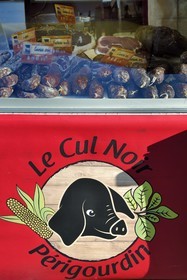 France, Dordogne, Périgord Vert, Thiviers, Saturday morning market on Place Foch, butcher's stall