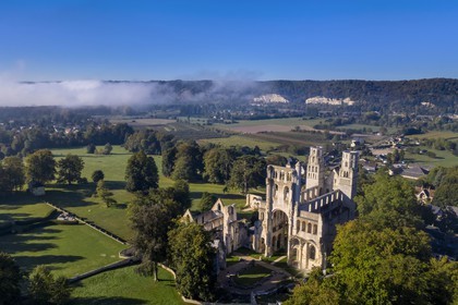France, Seine-Maritime, France, Seine Maritime, Pays de Caux, Norman Seine River Meanders Regional Nature Park, Jumieges, abbey of Saint Pierre de Jumieges founded in the 7th century (aerial view)