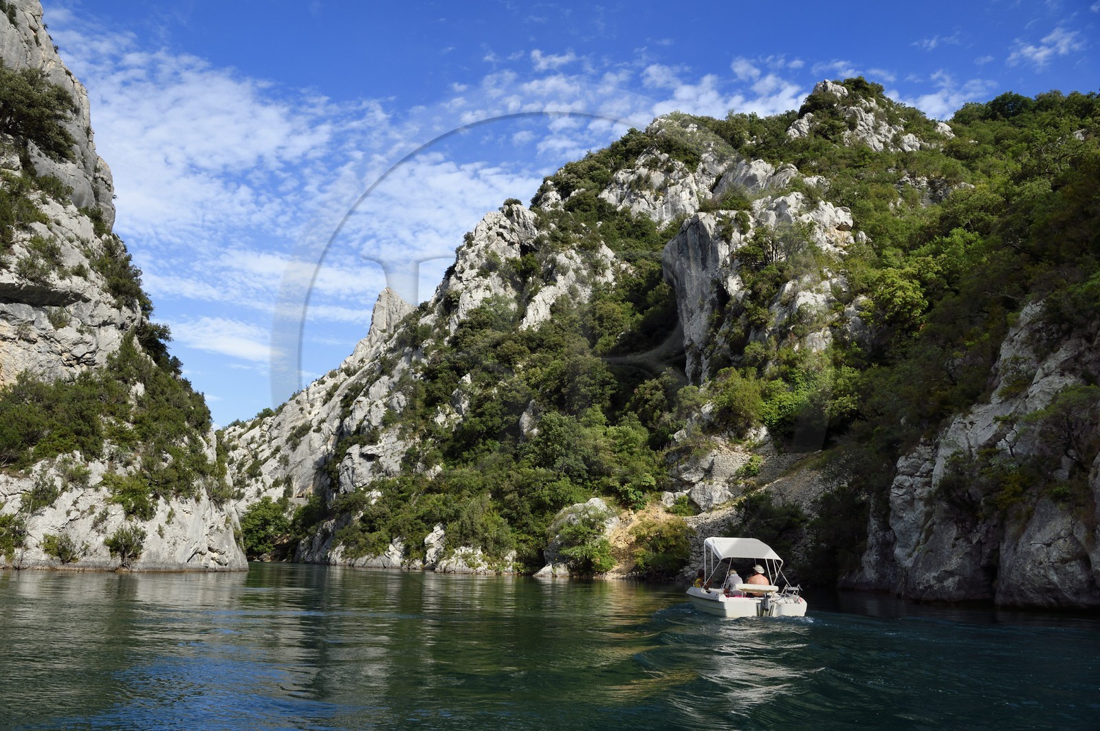 France, Alpes-de-Haute-Provence (04), Parc Naturel Régional du Verdon, bateau électrique dans les Basses Gorges du Verdon en aval du lac de Sainte Croix