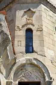 Georgia, Mtskheta Mtianeti region, Mtskheta, Jvari Monastery (Holy Cross Church), listed as World heritage by UNESCO, the Archangels supporting the Georgian Cross over the front door