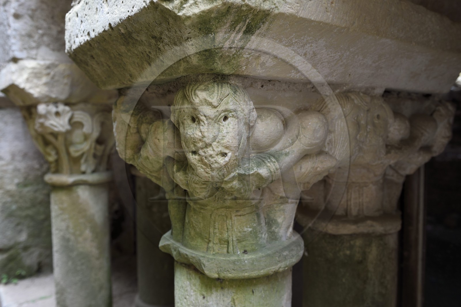 France, Dordogne, Périgord Noir, the Auvezere Valley, Tourtoirac, former Abbey of Saint-Pierre-es-Liens, remains of the capitals in the chapter house