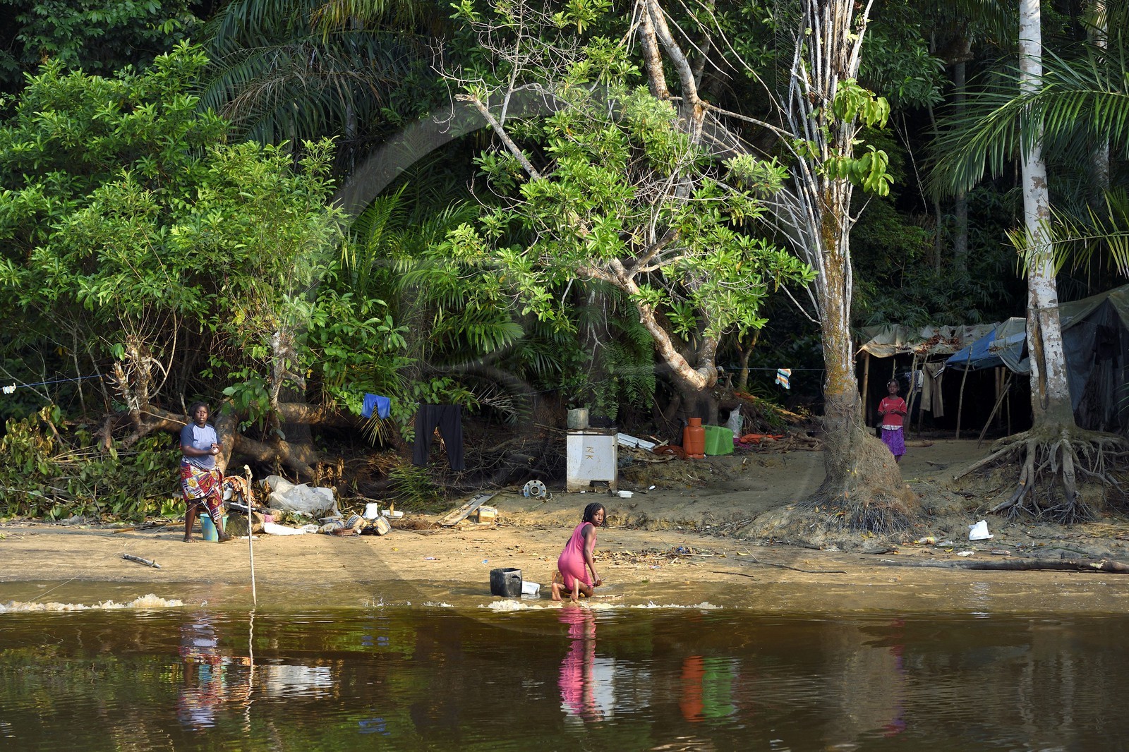 Gabon, province de Ogooué- Maritime, une des nombreuses rivières de la lagune du Fernan Vaz (Nkomi), campement de pêcheurs