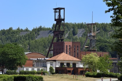 France, Moselle, Petite Rosselle, carreau Wendel museum, coal mine mine shafts and spoil heaps in the background