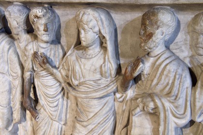 France, Puy de Dome, Clermont Ferrand, Notre-Dame de l'Assomption cathedral, in the 10th century crypt, 4th century Gallo-Roman Christian marble sarcophagus representing the deceased depicted as a prayer leader in the presence of Christ