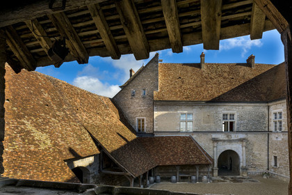 France, Cote d'Or, cultural Landscape of the climates of Burgundy listed as World Heritage by UNESCO, Route des Grands Crus (road of Vintage Wines), vineyard of the Côte de Nuits, Vougeot, the Chateau of Clos de Vougeot, the inner courtyard