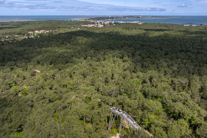 France, Vendée (85), La Barre-de-Monts, belvédère du Pey de la Blet, l'escalier dans le ciel au coeur de la forêt, le pont menant à l'Ile de Noirmoutier en arrière plan (vue aérienne)