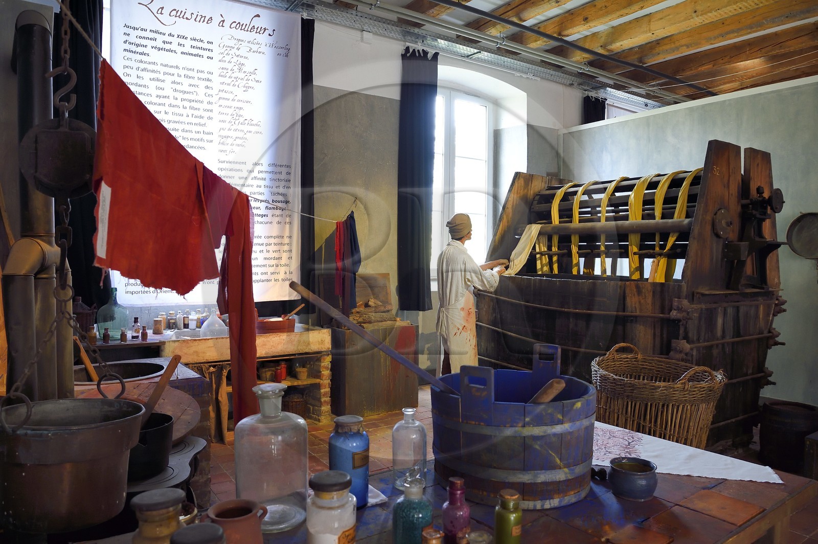 France, Haut Rhin, Husseren Wesserling, Wesserling Park, Textile Museum, reconstitution of color workshops, fabric dyeing with 19th century methods