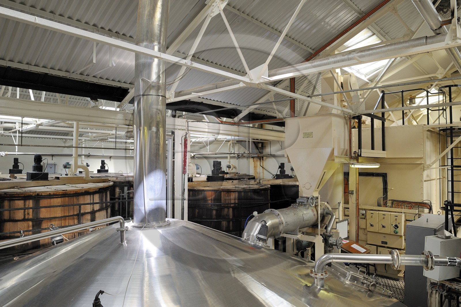 Royaume-Uni, Ecosse, Iles Orcades, Kirkwall, distillerie de whisky Highland Park, le brassage du grist mélangé avec de l'eau chaude a lieu dans de grands baquets en bois appelés mash tun