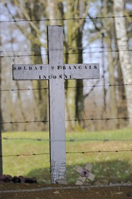 France, Meuse (55), région de Verdun, Douaumont, Tranchée des Baïonnettes, monument en souvenir d'un détachement enseveli dans leur tranchée lors d'un bombardement et d'où seules quelques centimètres de baïonnettes restèrent émergées du sol, croix sur la tombe d'un soldat inconnu