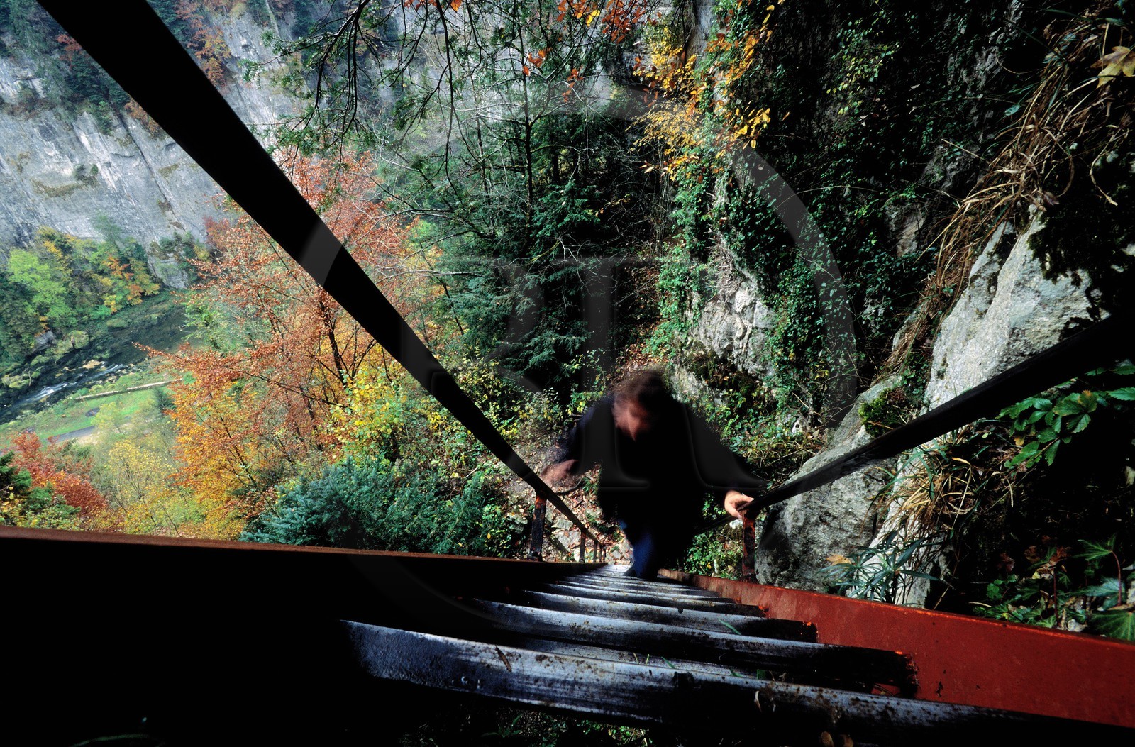 France, Doubs, death ladder in the Doubs river valley on the Swiss French border