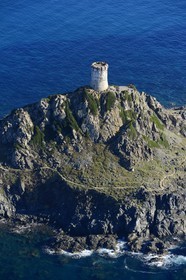 France, Corse du Sud, Golfe d'Ajaccio, Pointe de la Parata and Tour de la Parata facing the Sanguinaires islands (aerial view)