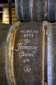 France, Charente (16), Cognac, les chais de vieillissement de la Maison de cognac Hennessy, tonneaux calligraphiés à l'ancienne à la craie