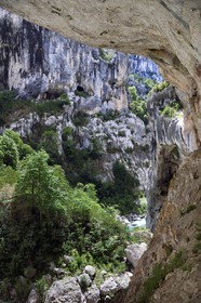 France, Alpes-de-Haute-Provence (04), Parc Naturel Régional du Verdon, Rougon, Grand Canyon du Verdon, la rivière du Verdon dans le couloir Samson, vu depuis le sentier Blanc-Martel sur le GR4