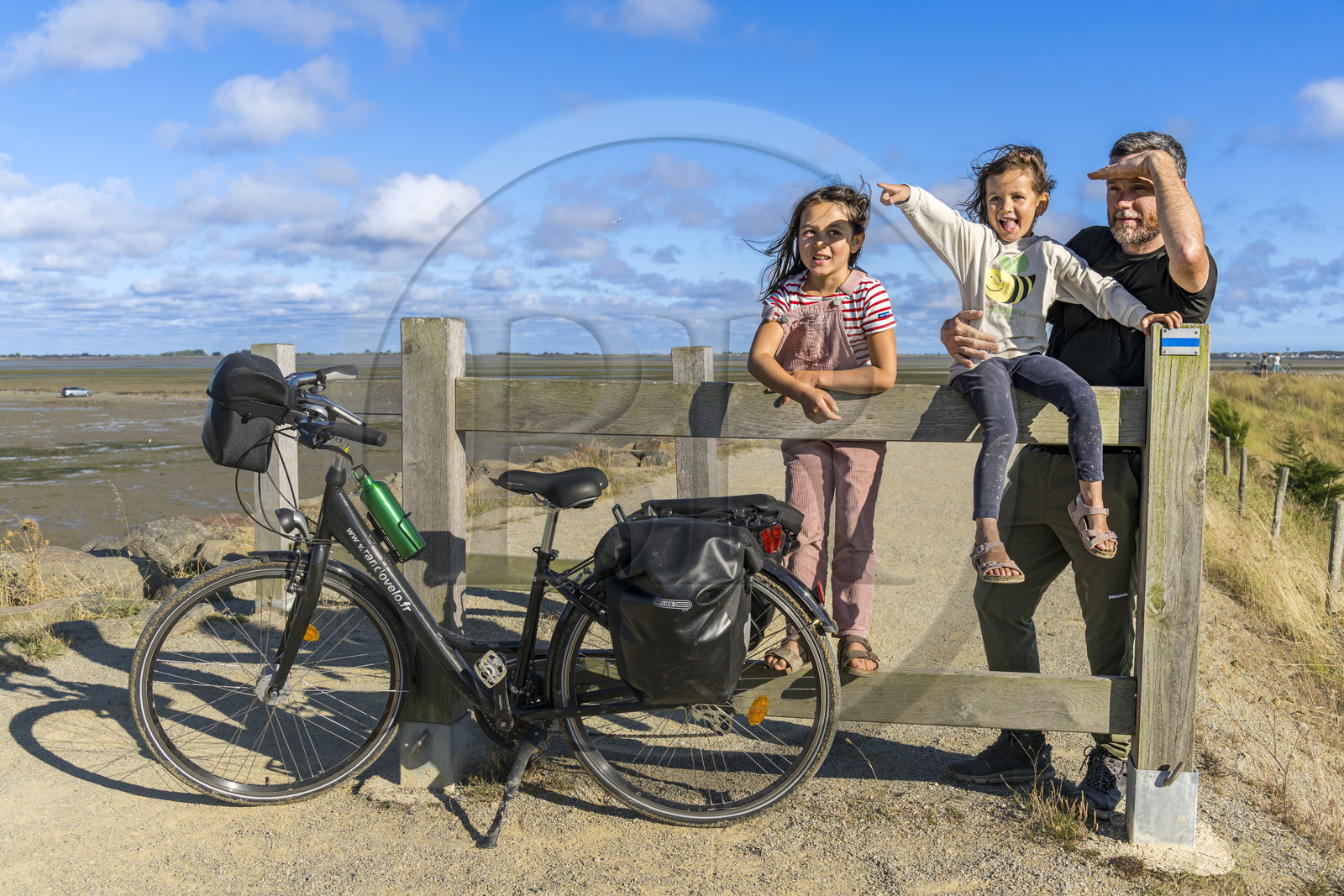 France, Vendée (85), île de Noirmoutier, Barbatre, cyclistes sur la digue de la côte Est à marrée basse