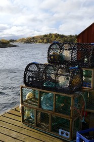 Suède, Västra Götaland, Iles Koster, Sydkoster, casiers à homards sur le port de Ekenäs,