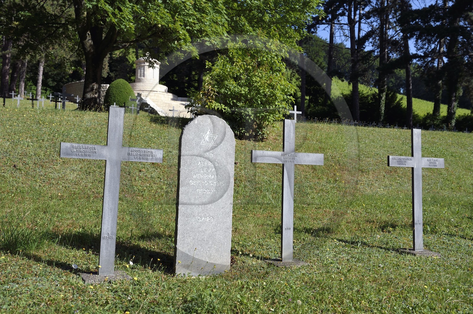 France, Meuse (55), Parc régional de Lorraine, Cotes de Meuse, Viéville-sous-les-Côtes, cimetière militaire allemand de la première guerre mondiale, tombes de soldats juifs et chrétiens cote à cote