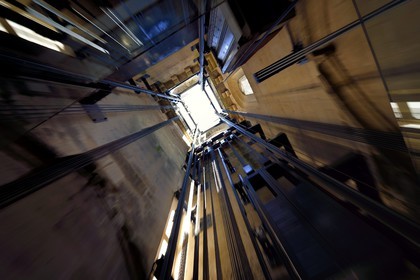 France, Dordogne, Perigord Noir, Dordogne valley, Sarlat la Caneda, place de la Liberté, elevator in the bell tower of St. Mary's Church converted into a covered market and cultural center by the architect Jean Nouvel, architect Jean Nouvel, compulsory mention