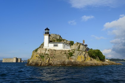 France, Finistere, Morlaix bay, Carantec, lighthouse of Louet island (also a guest house in summer) and the Chateau du Taureau