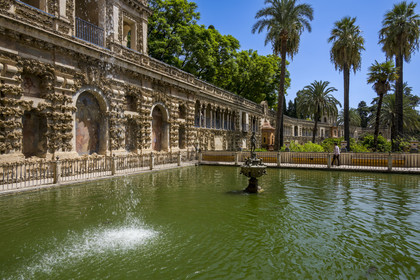Spain, Andalusia, Seville, the Alcazar of Seville (Reales Alcazares de Sevilla), listed as World Heritage by UNESCO, the gardens and the Palacio Gotico, Mercury fountain