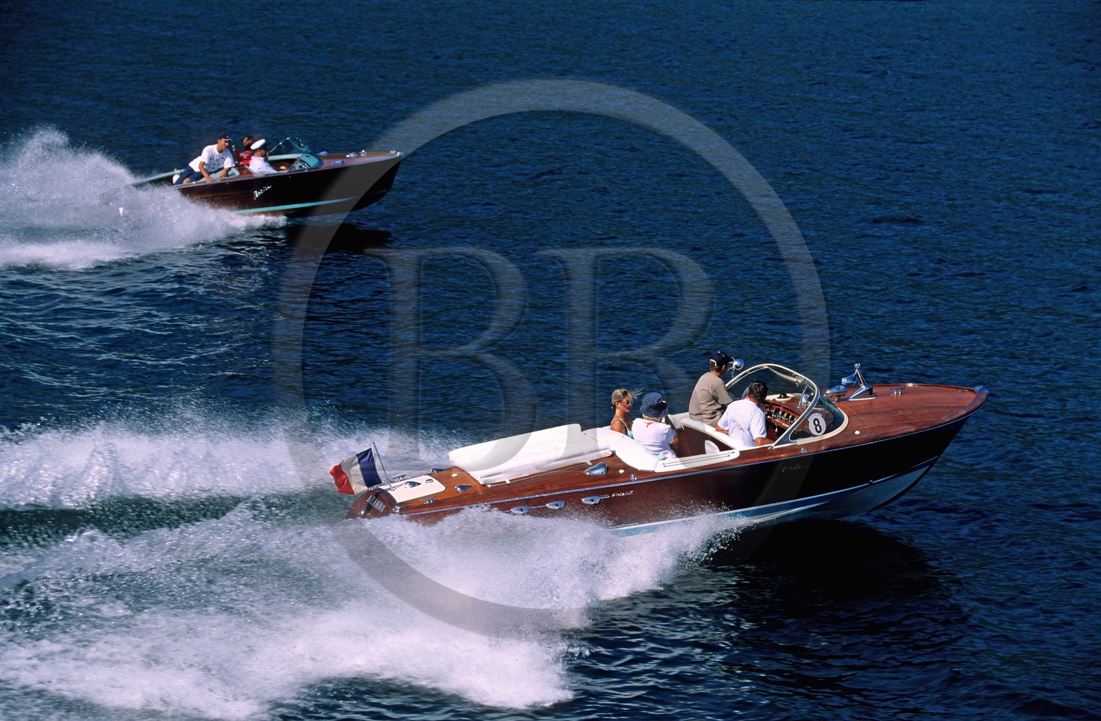 France, Savoie, Navig'Aix on Le Bourget lake, famous Riva wooden motorboat (aerial view)