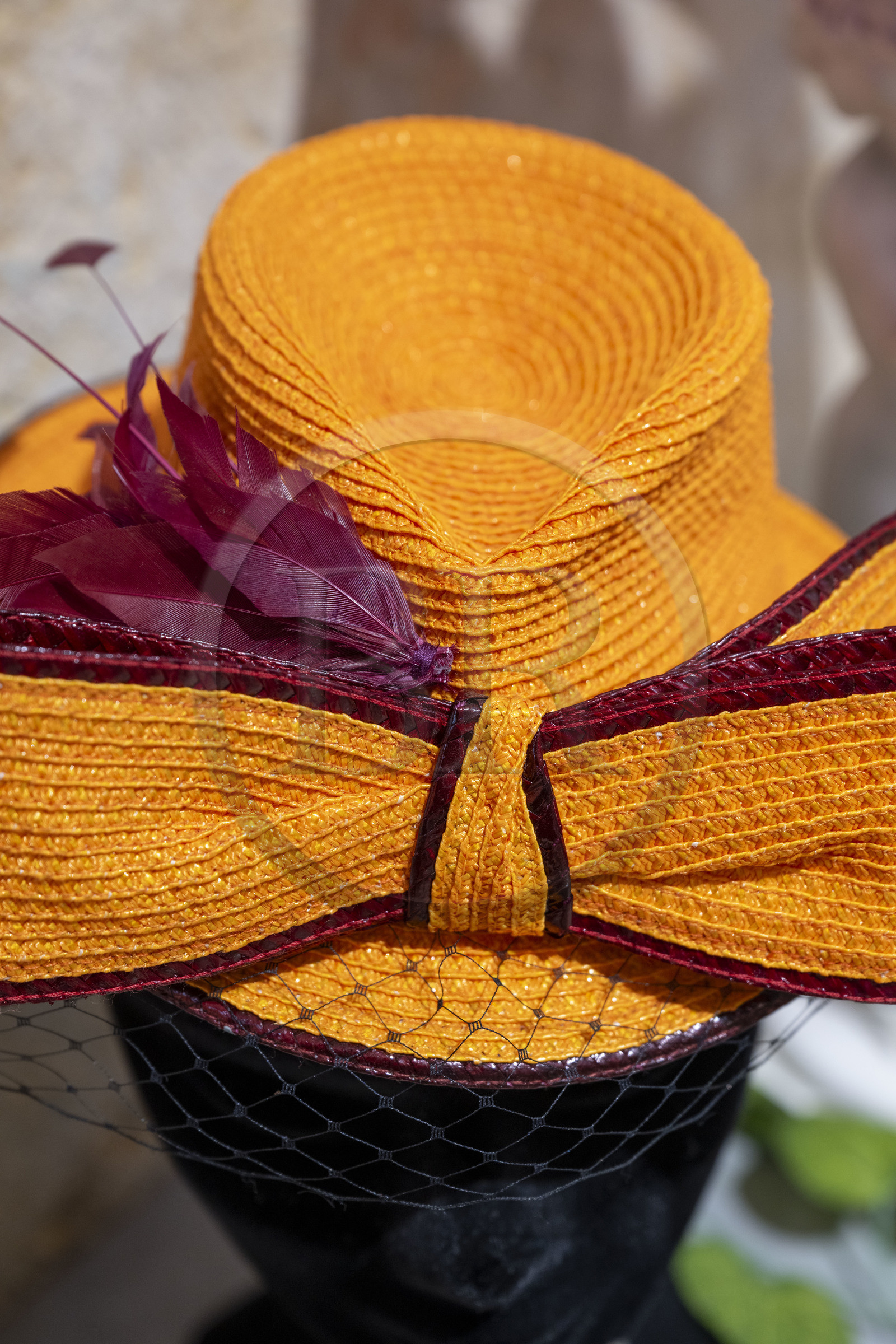 France, Cote d'Or, Dijon, woman's hat in the workshop-boutique on rue d'Assas Bibi & Bob of milliner Sara Tintinger, Meilleur Ouvrier de France