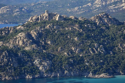 France, Corse du Sud, Cala de Roccapina natural site, Roccapina genoese tower and Lion rock (aerial view)