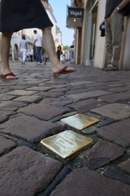 Germany, Baden-Wurttemberg, Freiburg im Breisgau, Stolpersteine ​​stone against forget the deportation of Jewish and gypsies inhabitants of the city during the Nazi era, creation of the Berlin artist Gunter Demnig