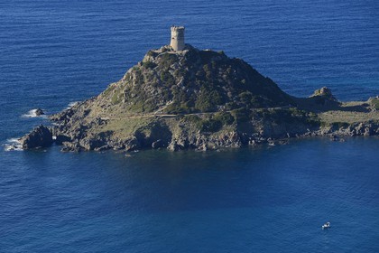 France, Corse du Sud, Golfe d'Ajaccio, Pointe de la Parata and Tour de la Parata facing the Sanguinaires islands (aerial view)