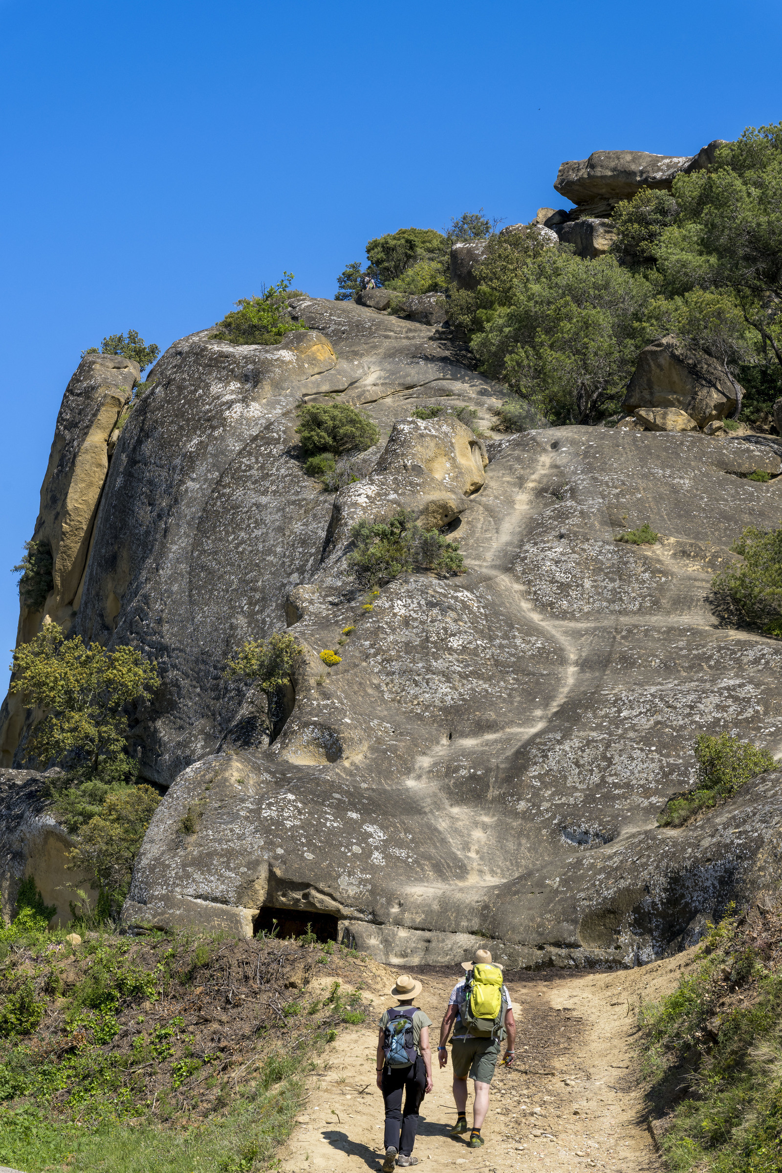 France, Vaucluse (84), Dentelles de Montmirail, Beaumes-de-Venise, le Rocher Rocalinaud, curiosité géologique en grès et habitat troglodytique du néolithique au moyen-âge