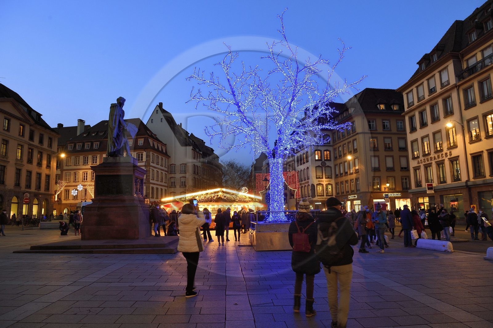 France, Bas Rhin, Strasbourg, old town listed as World Heritage by UNESCO, the place Gutenberg with its Christmas decorations and the blue tree of the Vitrines de Strasbourg concept Pierre Bardet