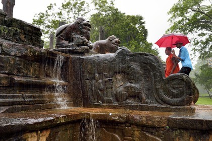 Sri Lanka, province du Centre-Nord, Polonnaruwa, l'ancienne capital du pays (XIe au XIIIe siècle) est classée au Patrimoine Mondial de l'UNESCO, Chambre du Conseil (Raja Sabahawa) datant du XIIe siècle, lions se dressant en haut des marches