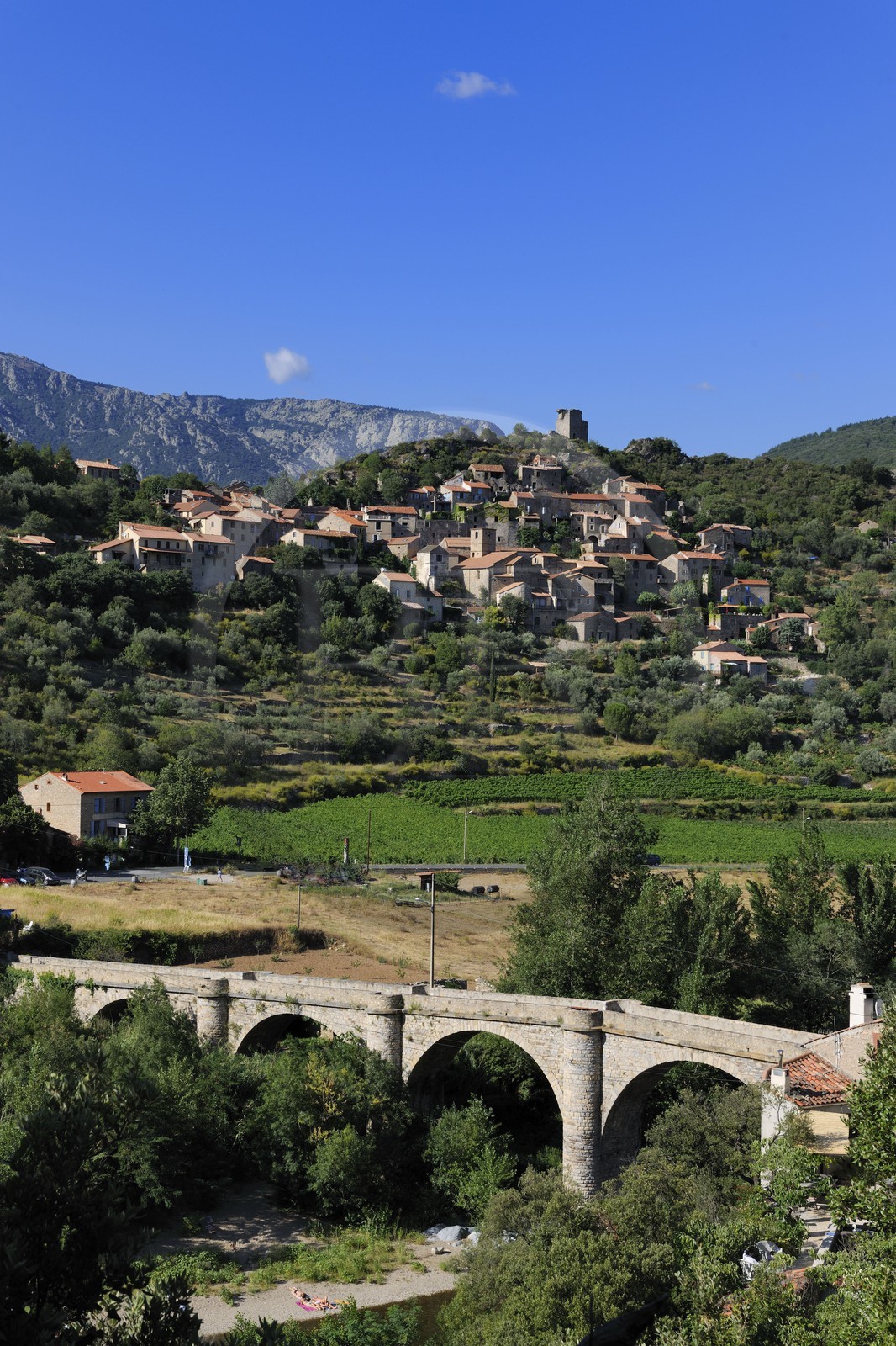 France, Herault, Orb river valley, village of Vieussan in the distance and AOC Saint-Chinian & Roquebrun