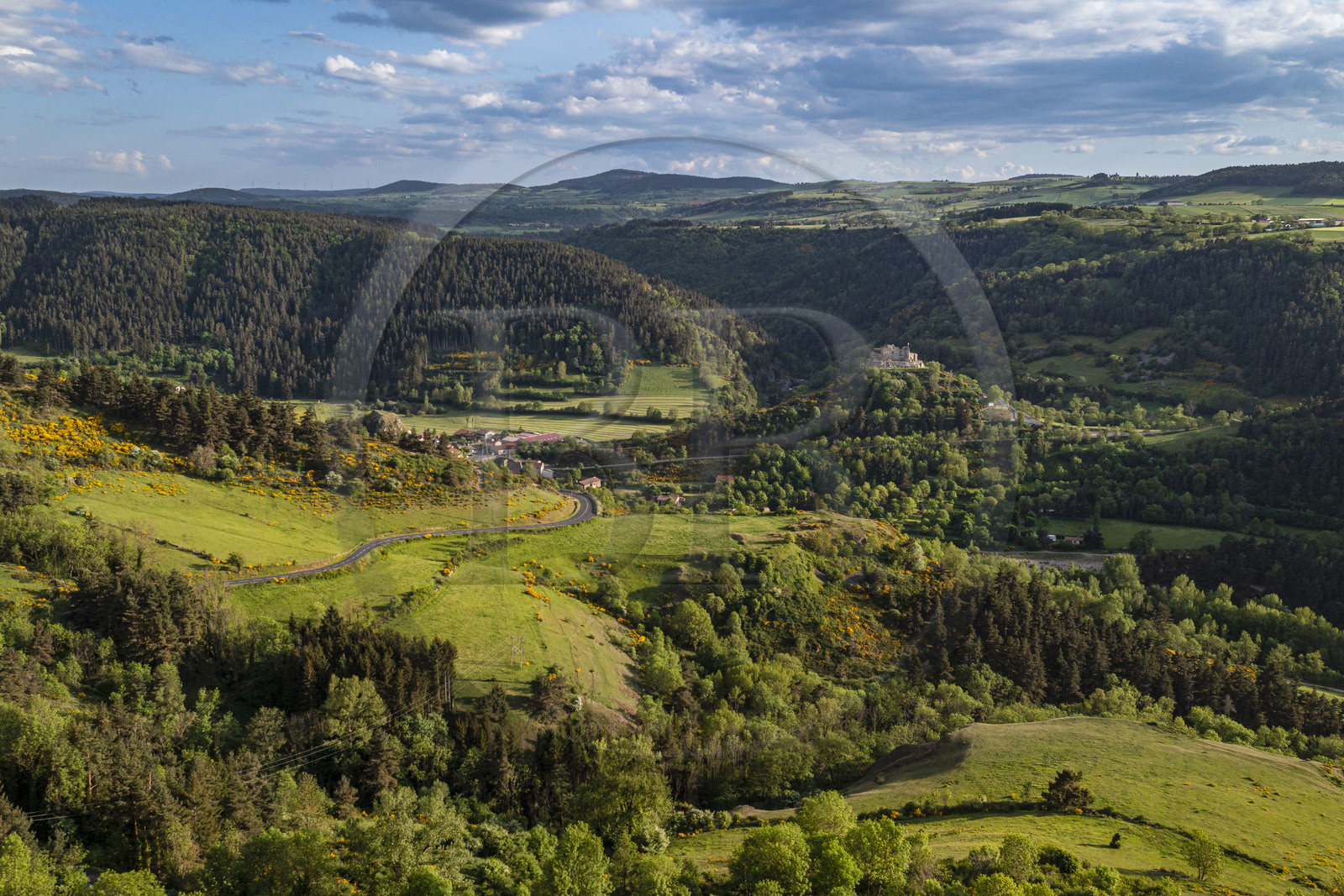 France, Haute-Loire (43), Goudet, Beaufort castle built around 1200 overlooks the Loire Valley, hiking with a donkey on the Robert Louis Stevenson Trail (GR 70) (aerial view)