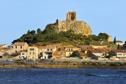 France, Aude, Narbonne, Corbieres, Gruissan, the old village and the castle, medieval military fortress dominated by the 13th century Barberousse Tower