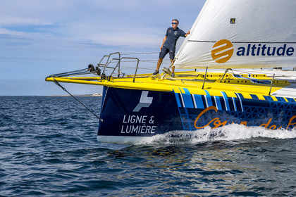 France, Vendee, Les Sables d'Olonne, skipper Manuel Cousin training on his 60-foot monohull sailboat IMOCA Coup de Pouce
