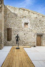 France, Bouches-du-Rhône (13), Marseille, quartier des Goudes, La Friche de l'Escalette dans les ruines d’une ancienne usine de traitement de plomb, sculpture de l'artiste Germaine Richier, le Coureur ... et le chat noir
