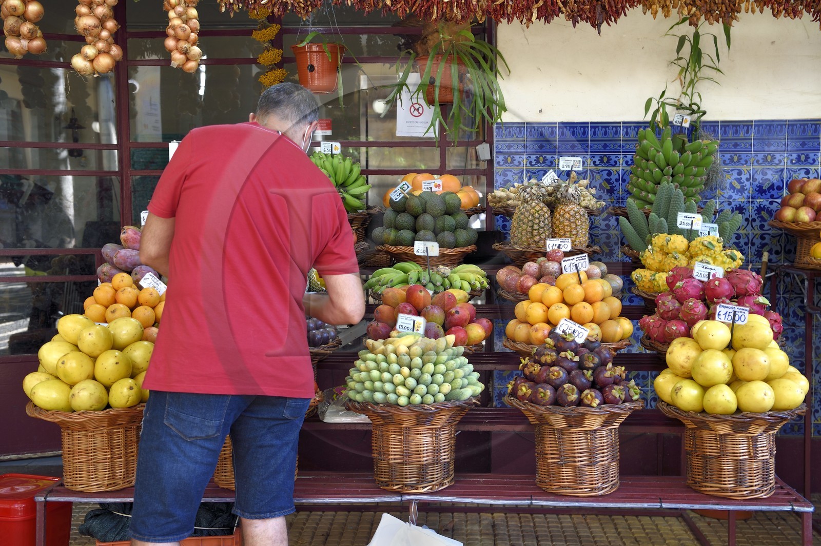 Portugal, Ile de Madère, Funchal, le marché couvert Mercado dos Lavradores, étal de fruits