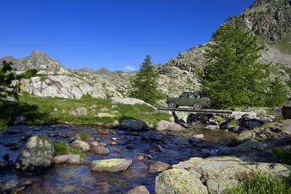 France, Alpes-Maritimes, parc national du Mercantour (Mercantour National Park), vallon de la Minière (Miniere valley) below the Vallee des Merveilles (Valley of Wonders), the only access trail for the allowed 4x4 of Pierre Berlière Mercantour Randonnee
