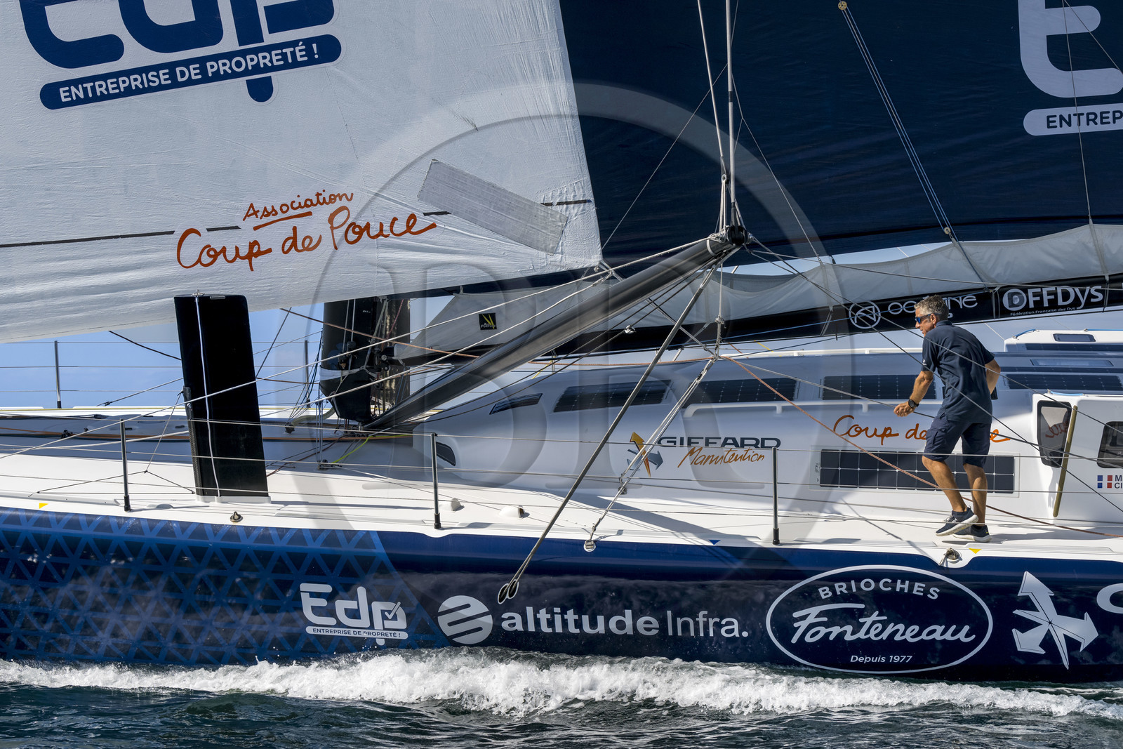 France, Vendee, Les Sables d'Olonne, skipper Manuel Cousin training on his 60-foot monohull sailboat IMOCA Coup de Pouce