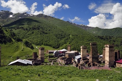 Georgia, Upper Svaneti (Zemo Svaneti), village of Ushguli, listed as World heritage by UNESCO, Svan defensive towers erected next to the houses of Murkmeli hamlet