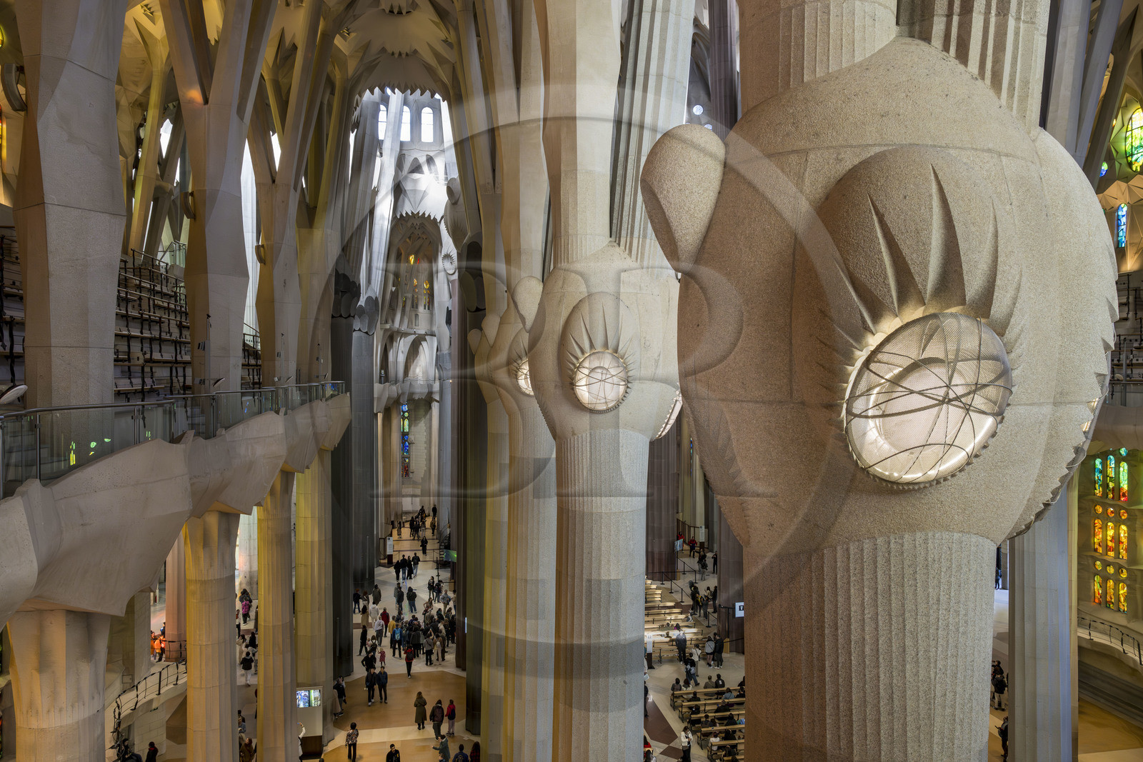 Espagne, Catalogne, Barcelone, quartier de l'Eixample, basilique de la Sagrada Familia de l'architecte du modernisme catalan Antoni Gaudi classée Patrimoine Mondial de l'UNESCO, au dessus du noeud, les colonnes du vaisseau central (nef) se subdivisent en branches tel un arbre